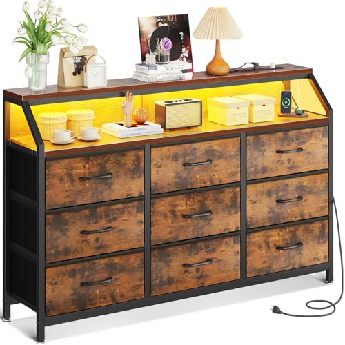 ODK Grande Comoda Dormitorio, con 2 Tomas de Corriente 2 Puertos USB y Tira de Luz LED Que Cambia de Color, 9 Cajones Grandes de Tela, Adecuados para Sala de Estar y Dormitorio, Color Vintage