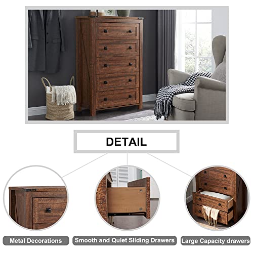 T4Tream Farmhouse 5 Drawers Dresser Chests For Bedroom, Wood Rustic Tall Chset Of Drawers,Dressers Organizer For Bedroom, Living Room,Hallway, Reclaimed Barnwood #TOP4