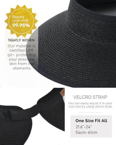 Image of FURTALK Womens Sun Hat with Ponytail Hole Wide Brim Beach Straw Visor | Foldable & Packable for Beach Vacations, Adjustable Fit for Messy Buns, Detachable Windproof Strap, Sweat-Wicking Inner Band