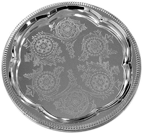 Maro Megastore (Pack Of 4) 11.8-Inch Elegant Round Floral Pattern Engraved Catering Chrome Plated Serving Plate Mirror Tray Platter Tableware Decor Holiday Wedding Birthday Party (Small) T226S-4Pk #TOP7