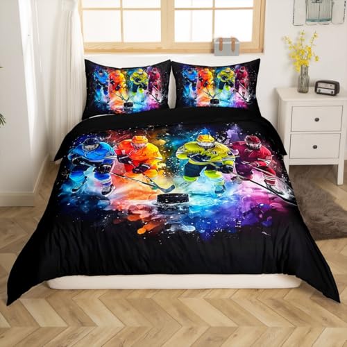 jejeloiu Ice Hockey Duvet Cover Sports Hockey Player Toddler Size Bedding Set for Kids Boys Girls Winter Event Ball Games Comforter Cover Soft Microfiber,No Comforter