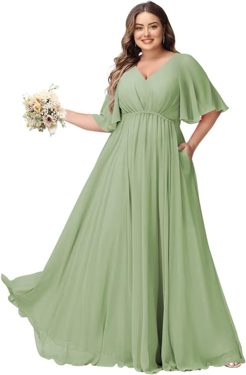 JAEDEN Große Größen Abendkleid mit Taschen Damen Lang Brautjungfernkleid V Ausschnitt Hochzeitsgast Kleid