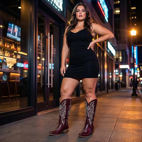 Image of Uillnoodu Wide Calf Cowboy Boots Women Adjustable Lace Up Knee High Tall Plus Size Cowgirl Boots Western Style Comfortable 2-Inch Heel