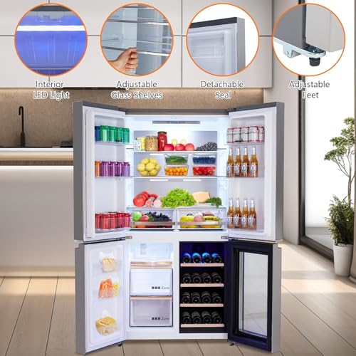 21 Cu. Ft French Door Counter Depth Stainless Steel Refrigerators with 4 Doors, Bottom Freezer, Interior Led Light, and Wine Cooler – Perfect for Kitchen, Office