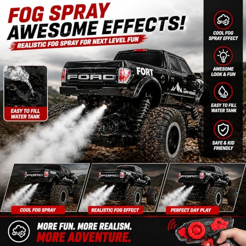 Image of Big Size Rock Crawler Rc 4x4 Car Monster Truck Toy for Boys Girls Kids, Off-Road Vehicle with LED Headlights & Music, Dual Mist Fog Spray Function, Anti-Skid Rubber Tires, Birthday Gift BLACK6121