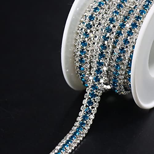 Jerler 3 Rows 2 Yards Rhinestone Trim Close Chain for Crafts Wedding and Clothing Decorations (Acid Blue)