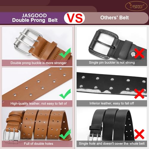 Image of JASGOOD Men Double Prong PU Leather Belt Casual Work Heavy Duty Belt Double Grommet Holes Belt for Jeans