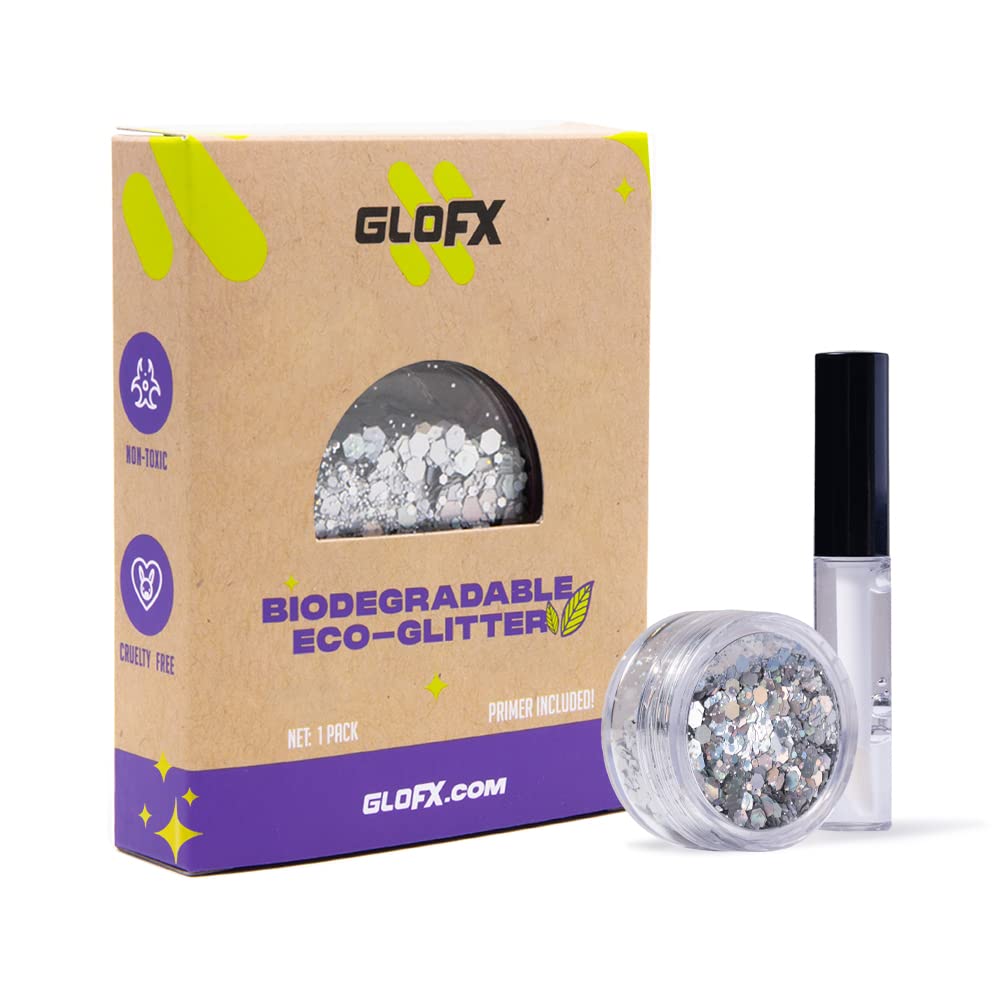 GloFX Biodegradable Makeup Glitter in Silver Magic for Hair, Face and Body | Perfect Festival and Rave Makeup Accessory