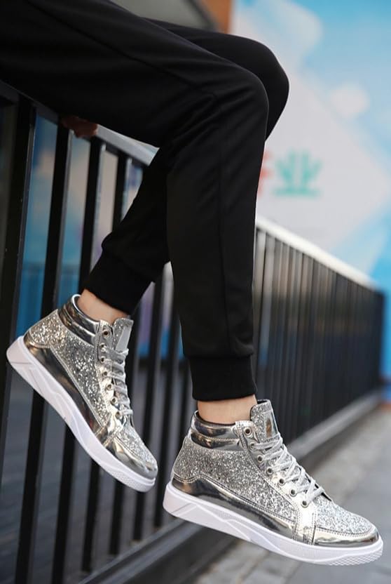 Glod Shoes for Men Fashion High Top Casual Sequin Sparkly Sneakers Men's Bling Shiny - Image 6