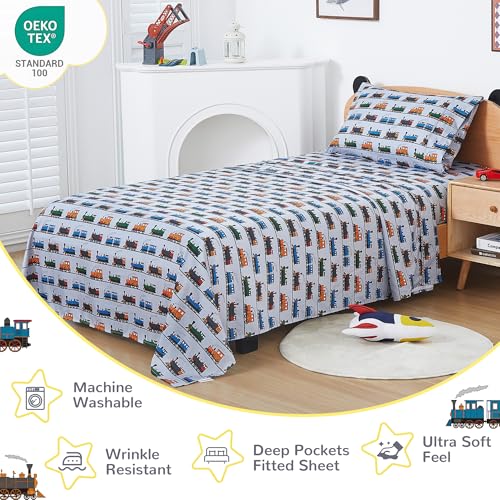 Image of Viviland 4 Pieces Boys Grey Full Sheet Set - Soft Microfiber Fitted Flat Sheets & Pillowcases - Retro Train Print Bedding Sets- for Kids & Toddlers