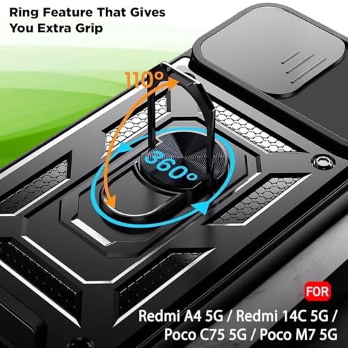 Image of AIBEX Back Cover for Poco M7 5G / Redmi 14C 5G / Redmi A4 5G / Poco C75 5G | D10 Tough Armor Case | Sliding Camera Shield | 360 Protection | Kickstand Ring Holder | Military-Grade Shockproof Bumper