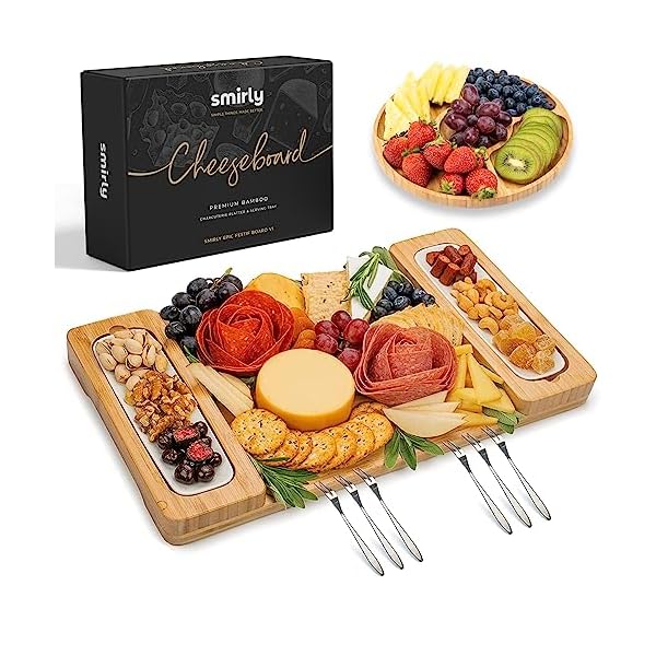 SMIRLY Bamboo Cheese Board Set - Large Wooden Charcuterie Boards - Unique Housewarming Gift - Appetizer & Cheese Platter, Meat and Cheese Tray, Wood Serving Board