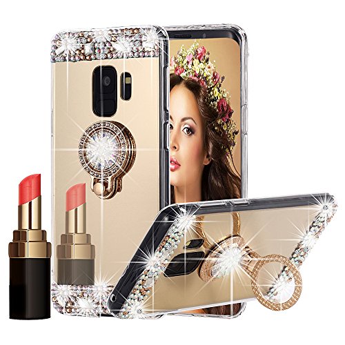 Galaxy S9 Case Bling, Miniko(TM) Sparkly Slim TPU Mirror Makeup Bling Rhinestone Diamond Back Case Cover with Detachable 360 Degree Ring Holder Stand for Samsung Galaxy S9 Gold
