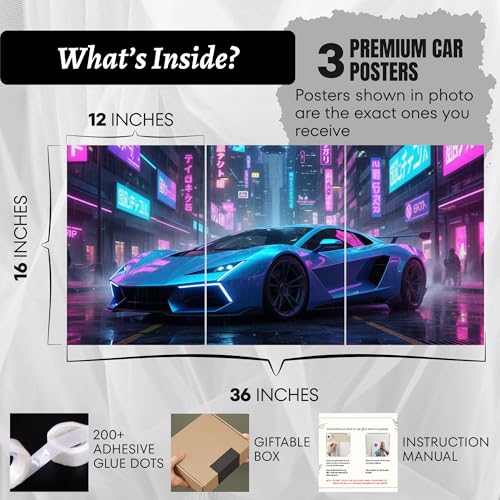 Image of BeauKraft Supercar Racing Poster Set for Wall - 3 Panel Split Posters (12x16 inches each, Unframed), Sports Car Wall Art Decor for Boys Room, Living Room, Garage & Men's Bedroom (Blue)