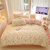 LIWHENHAO Dog Duvet Cover Set Queen 100% Cotton Bedding Cartoon Puppy Pink Flower on Beige White 1 Kawaii Animal Pet Comforter Cover Full Zipper Closure 2 Pillowcases for Kids Girls Boys Woman