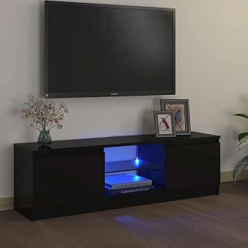 TV Cabinet Black Engineered Wood, Tempered Glass Medium tv Stands Living Room Furniture