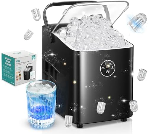 FOHERE Eiswürfelmaschine 14kg 24 Stunden, Eiswürfel in 5 Min, 2 Größen von Bullet Ice, Selbstreinigender Eiswürfelbereiter mit Griff, Eisschaufel u. Korb, Ice Maker für Party Büro RV (Tiefschwarz)