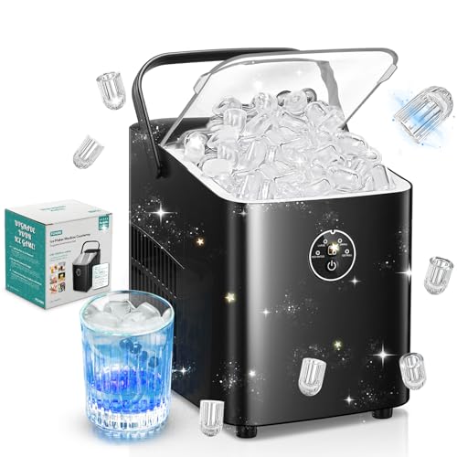 FOHERE Eiswürfelmaschine 14kg 24 Stunden, Eiswürfel in 5 Min, 2 Größen von Bullet Ice, Selbstreinigender Eiswürfelbereiter mit Griff, Eisschaufel u. Korb, Ice Maker für Party Büro RV (Tiefschwarz)