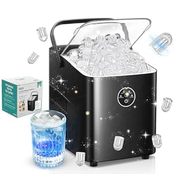 FOHERE Eiswürfelmaschine 14kg 24 Stunden, Eiswürfel in 5 Min, 2 Größen von Bullet Ice, Selbstreinigender Eiswürfelbereiter mit Griff, Eisschaufel u. Korb, Ice Maker für Party Büro RV (Tiefschwarz)