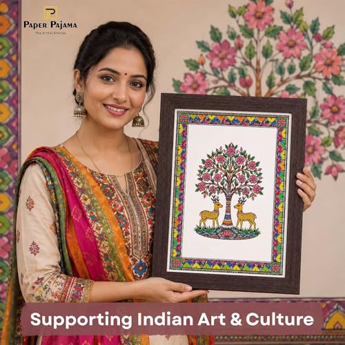 Image of PAPER PAJAMA Deer Pair Under Tree Wall Art for Living Room | Madhubani Tree of Life Painting | Traditional Mithila Folk Art Framed Decor for Home, Bedroom & Office (10x13 Inches)