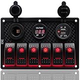 FXC Panel de interruptor basculante impermeable de 6 bandas con enchufe de doble ranura USB + encendedor de cigarrillos + pantalla digital de voltaje LED para coche, vehículos y camiones (6
