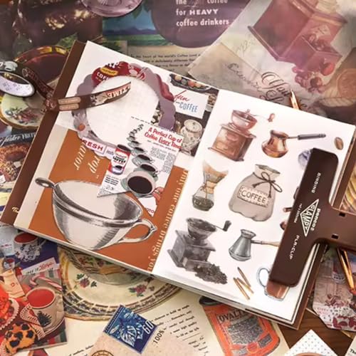 Image of The AutoStory Theme Scrapbooking Album A6 Junk Journal Pack Cafe Decals Vintage Decorative Papers Washi Rolls Creative Writing Diary Supplies Gift for Teens Girls Art (Coffee Bazaar, Brown)