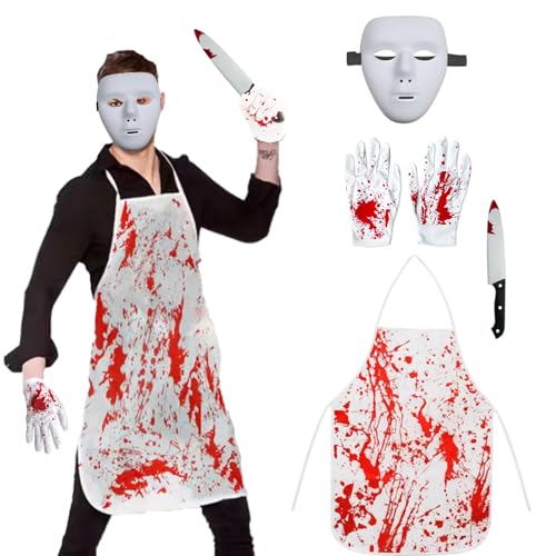 Beafaeur Costume Boucher Halloween Homme, Costume Adulte Horreur avec Tablier Sanglant, Masque D'horreur, Déguisement Couperet, Déguisement Carnaval...