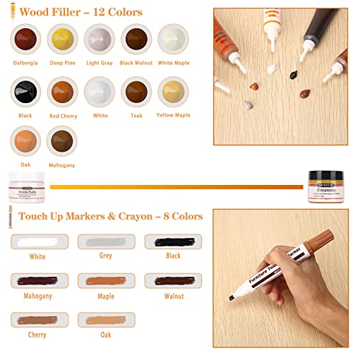 Lifreer Wood Furniture Repair Kit - Set Of 42 - Touch Up Markers, Fillers, Crayon With Wood Putty - Repair Scratch, Cracks, Hole, Wooden Door, Floor, Table, Cabinet #TOP2