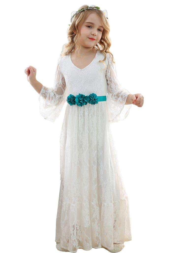 Bow Dream Vintage Boho Lace Flower Girl Dress for Wedding Long Sleeves Pageant First Communion 2T to 12 Years Old