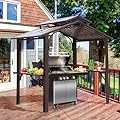 SHPAI 8x5FT Hardtop Grill Gazebo, All-Weather Outdoor Gazebo with 2 Side Shelves and Ceiling Hook, Galvanized Steel Double Roof, Outdoor Metal Grill Canopy for Patio, Backyard, Lawn, Deck –Brown