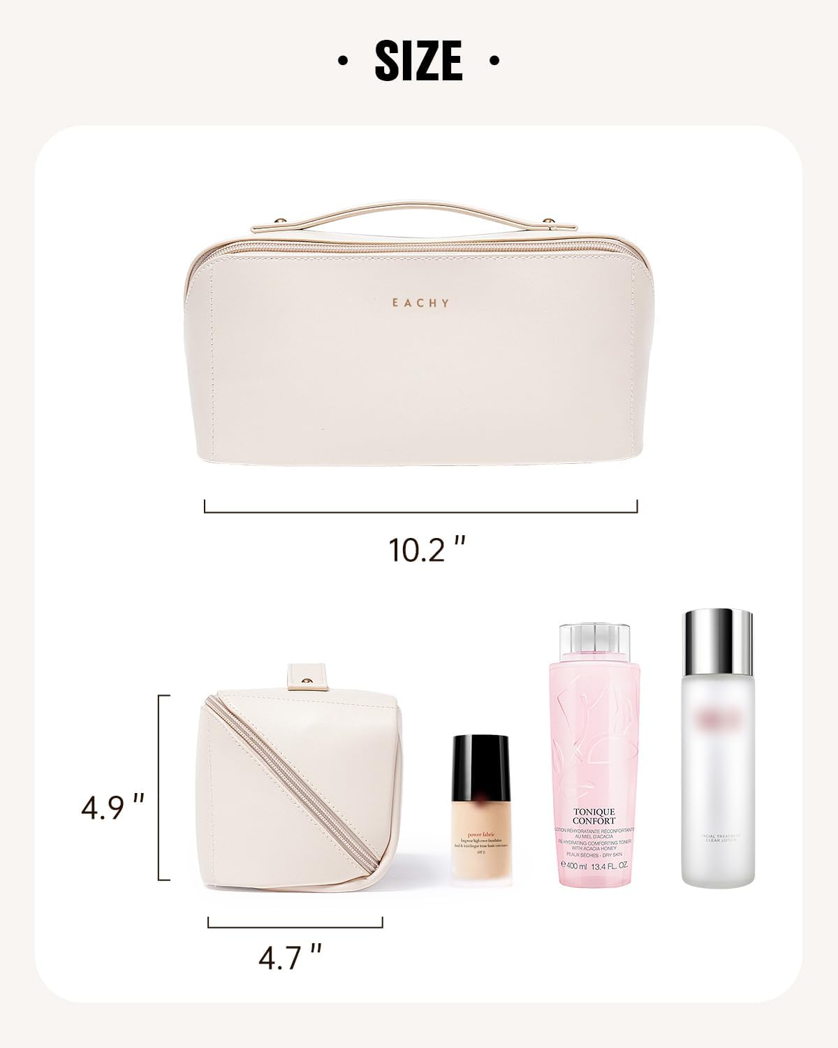 EACHY Travel Makeup Bag, Large Capacity Cosmetic Bag for Women, Waterproof PU Leather, Flat Open Portable Toiletry Bag for Skincare, Brushes & Travel Essentials