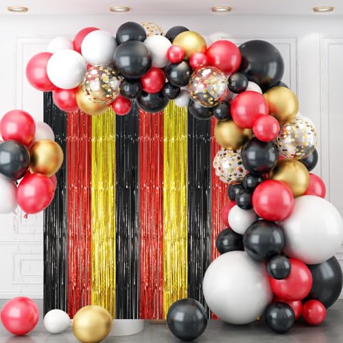 Image of Voircoloria 2 Pack Red Black Gold Foil Fringe Backdrop Curtains, Tinsel Streamers Party Decorations, Fringe Backdrop, Door Shimmer for Thanksgiving Day or Birthday Party
