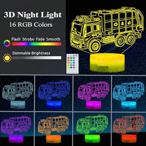 Image of Garbage Truck Night Light, Garbage Truck Car Gifts, Sanitation Truck 3D Illusion Lamp with 16 Colors Changing, Timer, 4 Flash Modes and Dimmable, Kids Boys Girls Room Decoration, Holiday Xmas Gifts