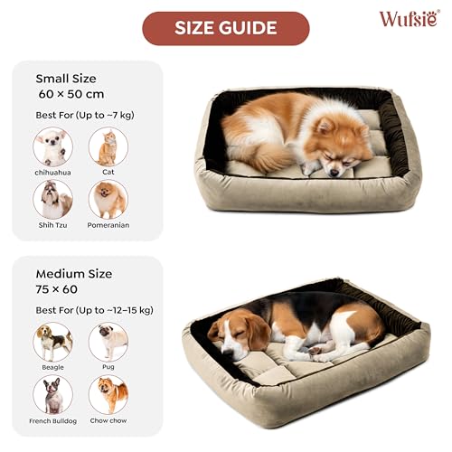 Image of Reversible Rectangle Dog Bed | Medium 60 X 75 Cm Pet Bed for Dogs and Cats | Premium Velvet, Washable Fabric | Soft Sofa-Style Bed for Dog with Thick 15 Cm Insert | Brown & Cream
