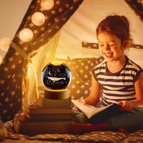 Image of Fish 3D Crystal Ball Night Light with LED Wooden Stand - Glass Sphere Aquarium Style Lamp for Room Decor & Unique Gifts
