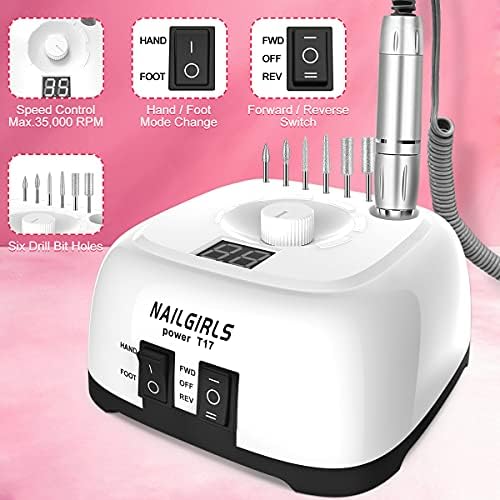 Portable Electric Nail Drill, 11 in 1 Nail Drill Set Electric Nail Files Professional 35000RPM Acrylic Nails Gel Nails Manicure Pedicure Polishing Machine for Home and Salon Use with Foot Pedal