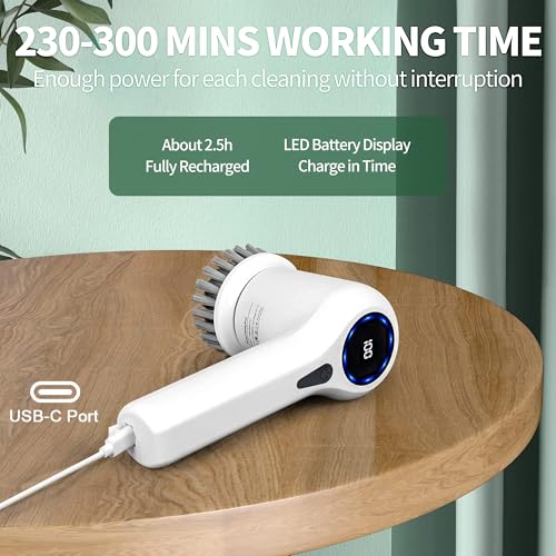 Airlovers electric cleaning brush with dual-speed spin & LED display, 6 replaceable heads, 5-hour run time, the ideal electric scrubber for bathroom, kitchen, bathtub, stove, car, tile, window - Image 3