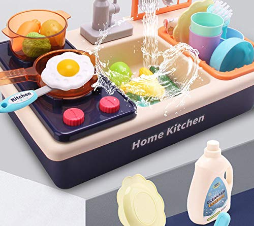 Play Kitchen Sink Toys with Automatic Faucets, Kids Kitchen Set Dishwasher with Cooking Stove, Tableware and Accessories Pretend Role Play Toys for Toddlers Boys Girls Aged 2 3 4 5 6(Blue) - Thumbnail 7