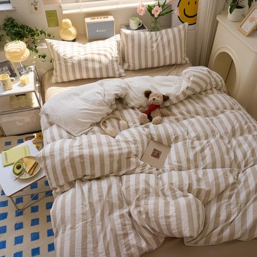 Image of EAVD Khaki Striped Duvet Cover King Soft Washed Microfiber Farmhouse Vertical Striped Bedding Set with 2 Pillowcases Modern Style Geometric Pattern Duvet Cover with Zipper Closure