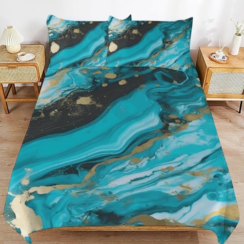 Housse de couette en marbre bleu 3 pièces avec 2 taies d'oreiller ultra douces pour grand lit - 7
