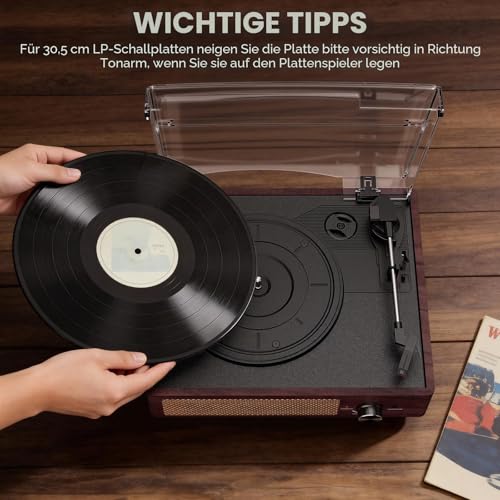 Vinyl Plattenspieler, Bluetooth tragbaren Vinyl Plattenspieler Schallplattenspieler mit 3-Gang 33/45/78 U/min und Eingebauter 2 Stereo Lautsprechern- natürliches Holz