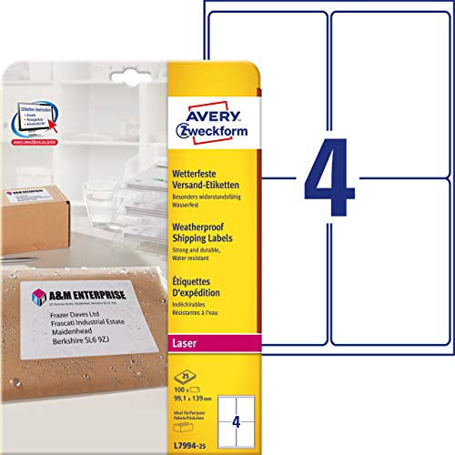 Avery L7994-25 - Etiquetas para envíos (99,1 x 139 mm, aptas para Deutsche Post), 100 unidades, color blanco