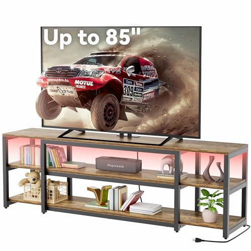 Image of Aquzee 85 inch TV Stand with LED Lights & Power Outlet, Entertainment Center for 70-75-80-85Inch TV, 75.2 inch Wide Wood Television Console Table for Living Room Bedroom Gaming Room, Brown