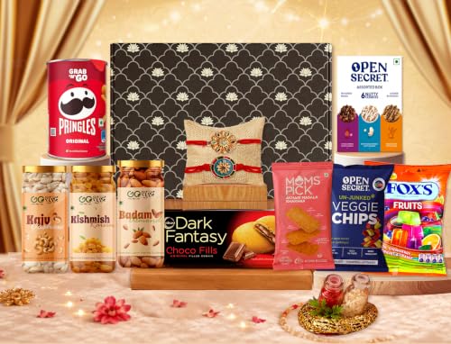 Image of Goshudh 11 Item Premium Rakhi Gift Hamper for Brother & Sister | Almonds, Cashews, Raisins, Open Secret Assorted Nutty Cookies, Veggie Chips, Fox's, Mom's Pick Khakhra, Dark Fantasy, Set of 2 Rakhi with Roli Chawal | Luxury Green Lotus Gift Box