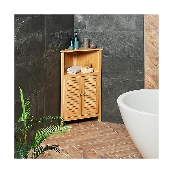 Relaxdays Eckschrank, Bambus, HxBxT: 92 x 58 x 30 cm, Badschrank mit 2 Lamellentüren, Eckkommode für Bad & Küche, Natur – Bild 6