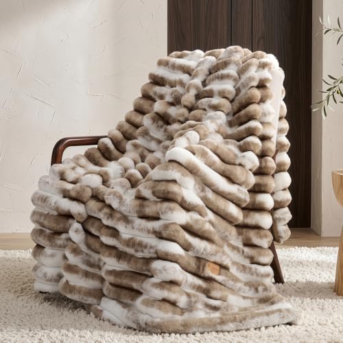 L'AGRATY Faux Fur Throw Blanket for Couch, 3D Striped, 50x60 Inches, Taupe $19.99 AC - image 1