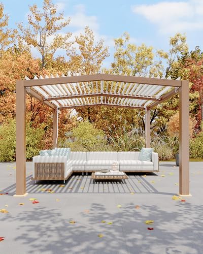 Image of GarveeLife Louvered Pergola 11 ft x 13 ft, Outdoor Pergola with Adjustable Louvered Roof, Reinforced Aluminum Frame, Integrated Drainage System, Hardtop Gazebo for Patio, Deck, Wood Grain