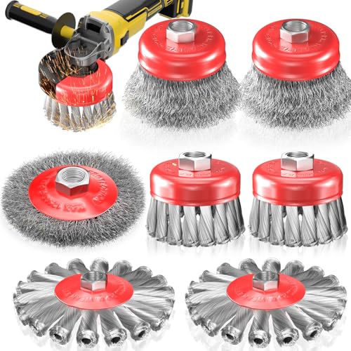 BURMONG 7 PCS Wire Wheel Brush for 4-1/2 Angle Grinder Carbon Steel Knotted & Crimped Cup/Wheel Brushes (3 & 4) Heavy Duty Rust Paint Corrosion Removal 5/8-11 UNC Threaded Arbor