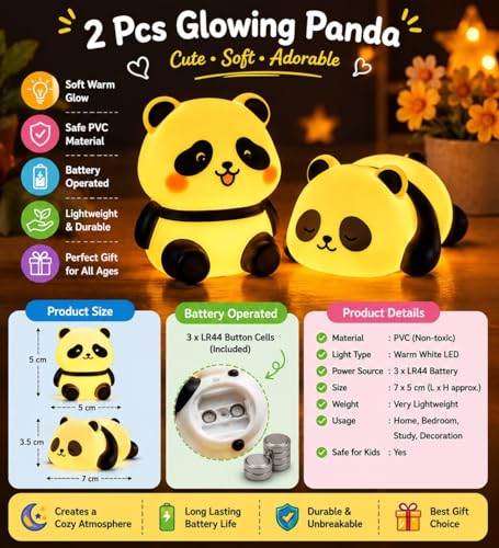 Image of Cubbie Cute Sleeping & Sitting Panda Night Light Lamp Battery Operated Table and Desk Decorations Gift Pandas (Pack of 2)