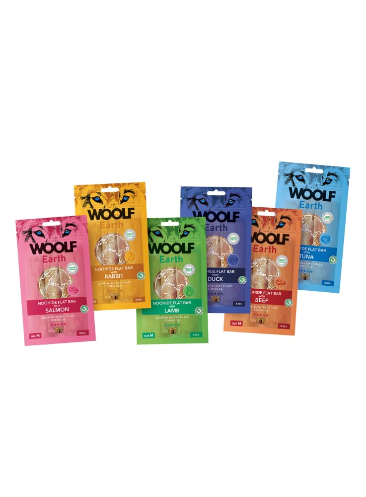 Woolf - Snack Natural - Colágeno para Perros - Pack Ahorro premios y chuches para Perros - Ternera, Cordero, salmón, Conejo, Pato y atún - 85gr - 6uds (Pack Surtido Woolf Earth Talla M 6x90gr)